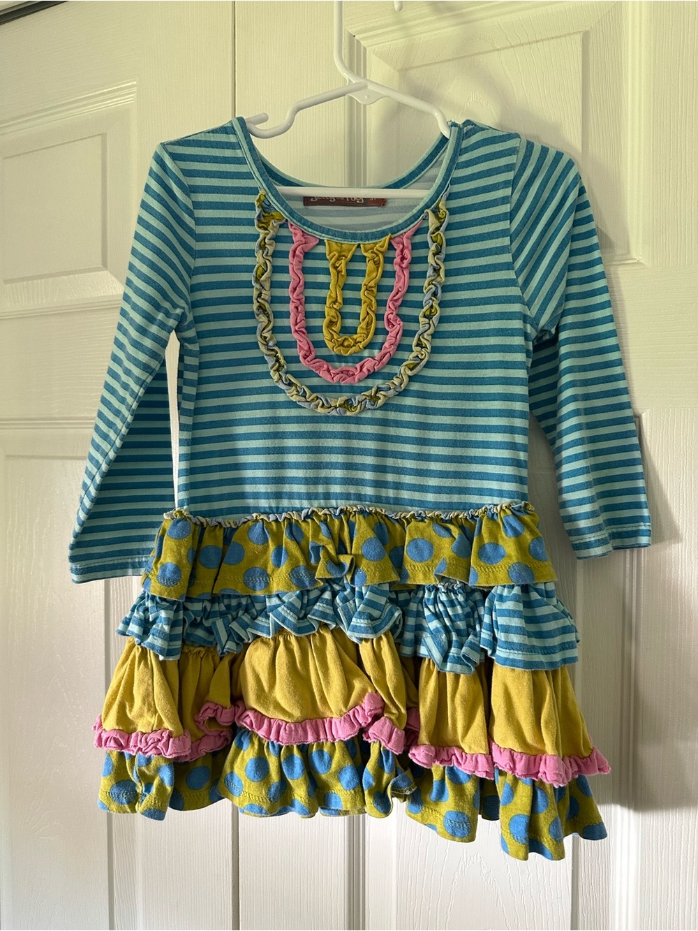 Jelly The Pug Blue Striped Dress with Yellow Polka-Dot Ruffles and Pink Trim